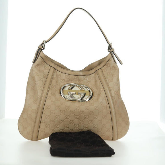 GUCCI GG Canvas Guccissima Shoulder Bag Leather Beige Gold 162740 Auth ARZ847V