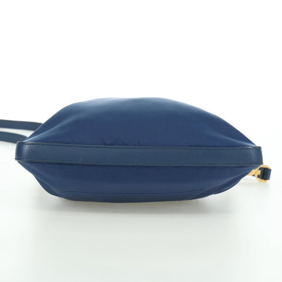 PRADA Schoudertas Nylon Leer Blauw Goud Auth ARZ849A