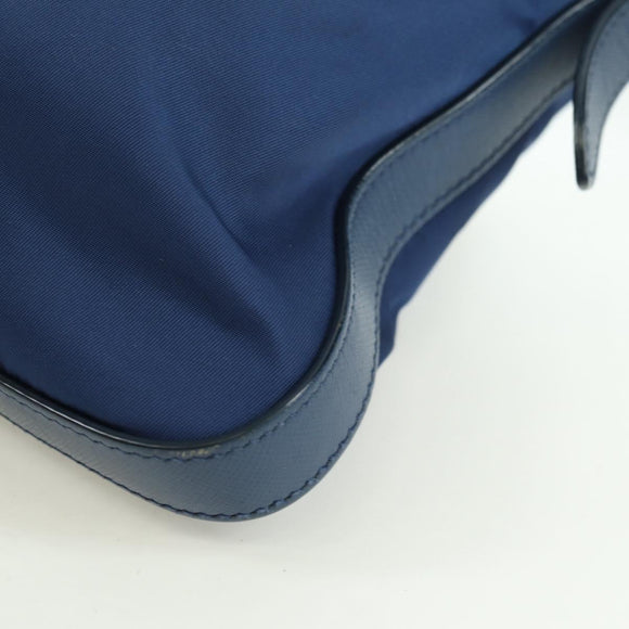 PRADA Schoudertas Nylon Leer Blauw Goud Auth ARZ849A