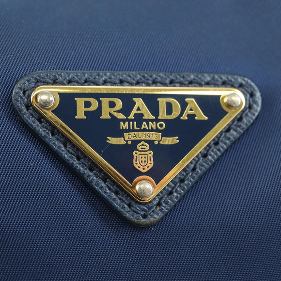 PRADA Schoudertas Nylon Leer Blauw Goud Auth ARZ849A