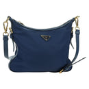 PRADA Schoudertas Nylon Leer Blauw Goud Auth ARZ849A-1