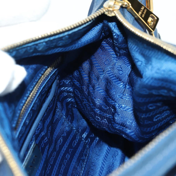PRADA Schoudertas Nylon Leer Blauw Goud Auth ARZ849A