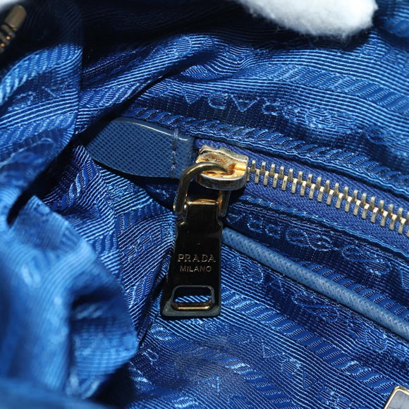 PRADA Schoudertas Nylon Leer Blauw Goud Auth ARZ849A