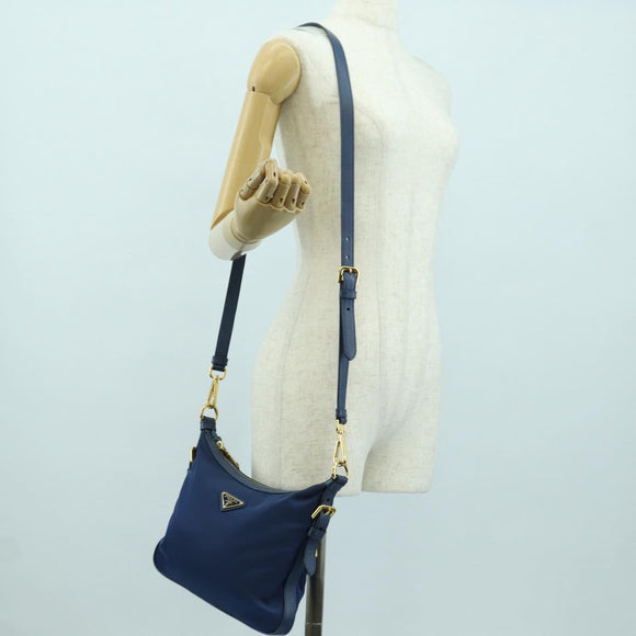 PRADA Schoudertas Nylon Leer Blauw Goud Auth ARZ849A