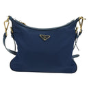 PRADA Schoudertas Nylon Leer Blauw Goud Auth ARZ849A-13