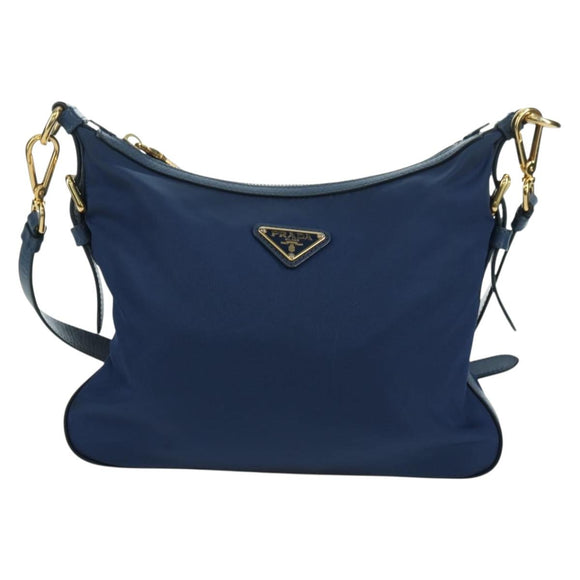 PRADA Schoudertas Nylon Leer Blauw Goud Auth ARZ849A