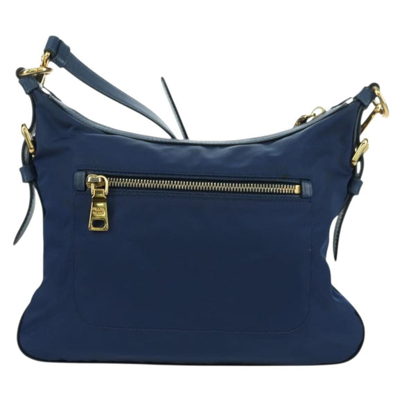 PRADA Schoudertas Nylon Leer Blauw Goud Auth ARZ849A