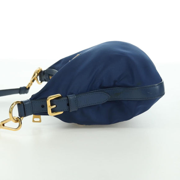 PRADA Schoudertas Nylon Leer Blauw Goud Auth ARZ849A
