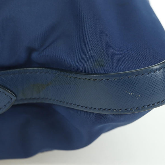 PRADA Schoudertas Nylon Leer Blauw Goud Auth ARZ849A