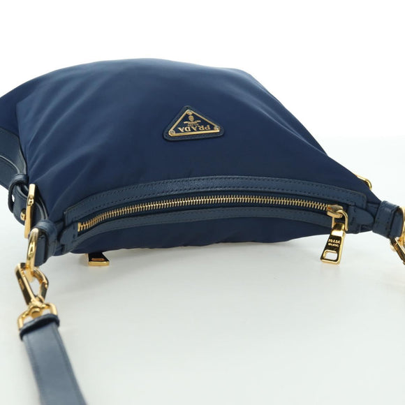 PRADA Schoudertas Nylon Leer Blauw Goud Auth ARZ849A