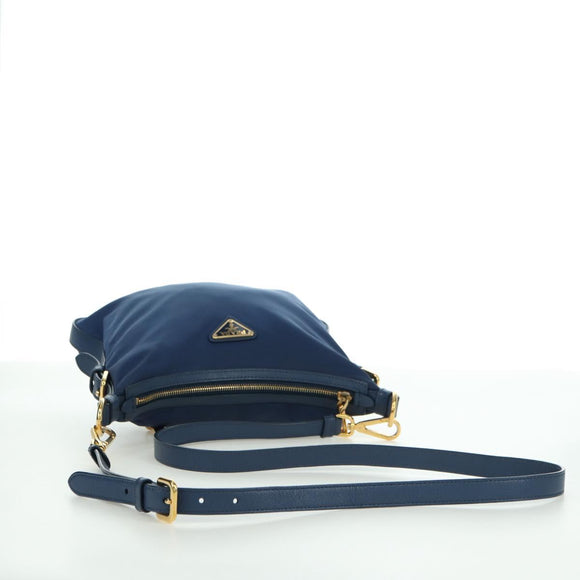 PRADA Schoudertas Nylon Leer Blauw Goud Auth ARZ849A