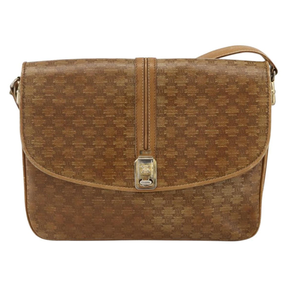 CELINE Macadam Canvas Shoulder Bag PVC Leather Beige Gold Auth ARZ884