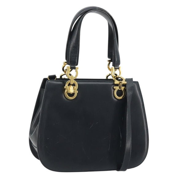 Salvatore Ferragamo Gancini Hand Bag Leather 2way Navy Gold Auth ARZ896