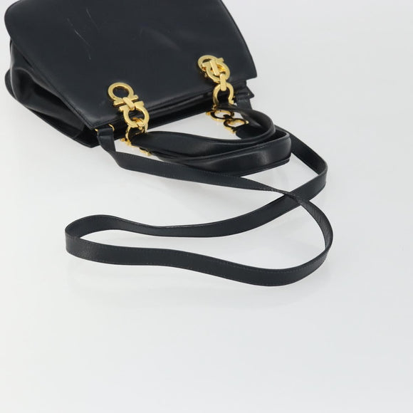 Salvatore Ferragamo Gancini Hand Bag Leather 2way Navy Gold Auth ARZ896