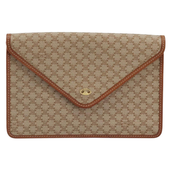 CELINE Macadam Canvas Clutch Bag PVC Beige Gold Auth ARZ901