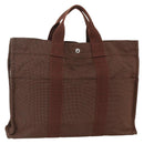 HERMES Her Line MM Hand Bag Canvas Brown Silver Auth ARZ910-1