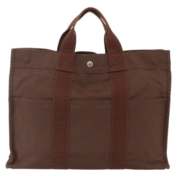 HERMES Her Line MM Hand Bag Canvas Brown Silver Auth ARZ910