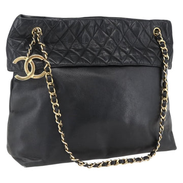 CHANEL Chain Tote Bag Leather Black Gold CC Auth BA10091