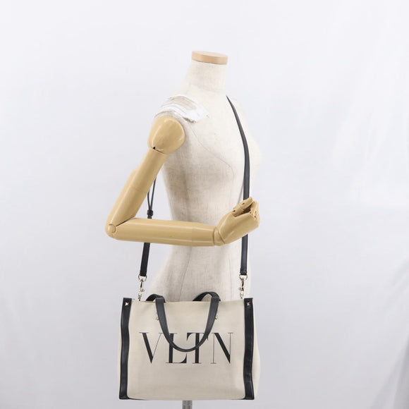 VALENTINO Tote Bag Canvas 2way Beige Gold Auth BA10106