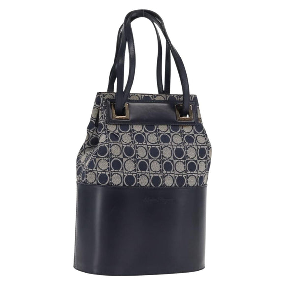 Salvatore Ferragamo Gancini Shoulder Bag Canvas Navy Gold Auth BA10109