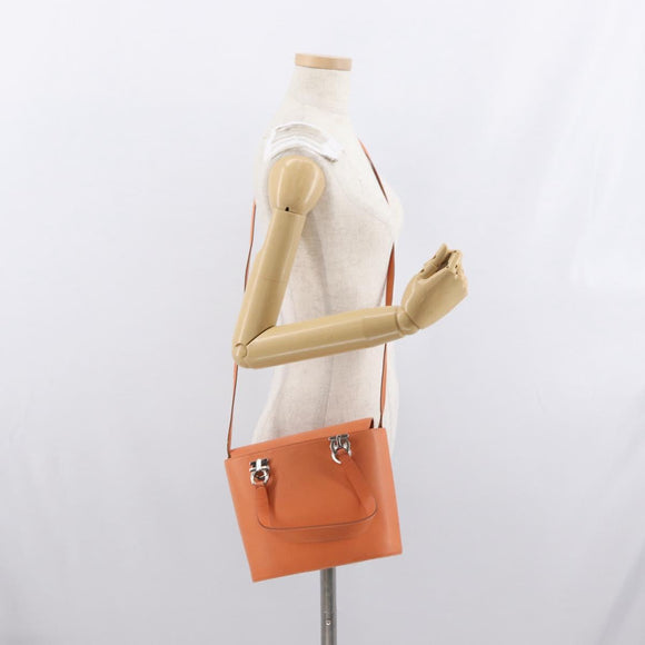 Salvatore Ferragamo Gancini Hand Bag Leather 2way Orange Silver Auth BA10110