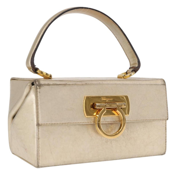 Salvatore Ferragamo Gancini Hand Bag Leather Gold Auth BA10111