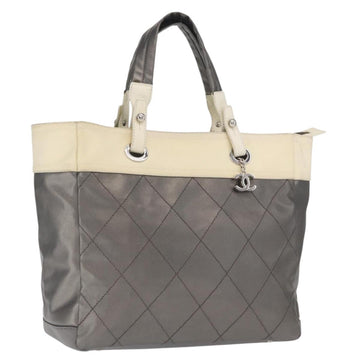 CHANEL Paris Biarritz GM Tote Bag Nylon Silver CC Auth BA10114