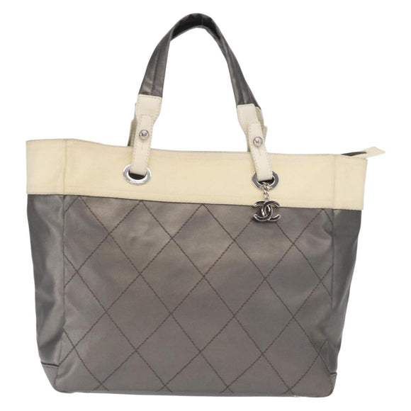 CHANEL Paris Biarritz GM Tote Bag Nylon Silver CC Auth BA10114
