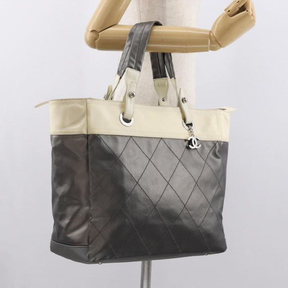 CHANEL Paris Biarritz GM Tote Bag Nylon Silver CC Auth BA10114