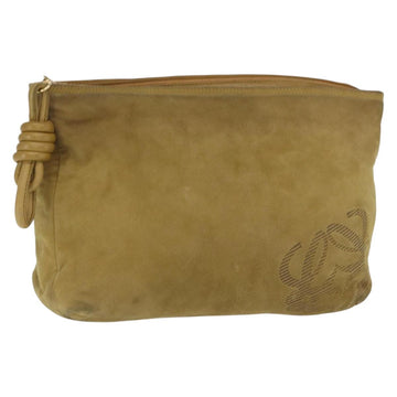 LOEWE Clutch Bag Suede Khaki Gold Auth BA10116
