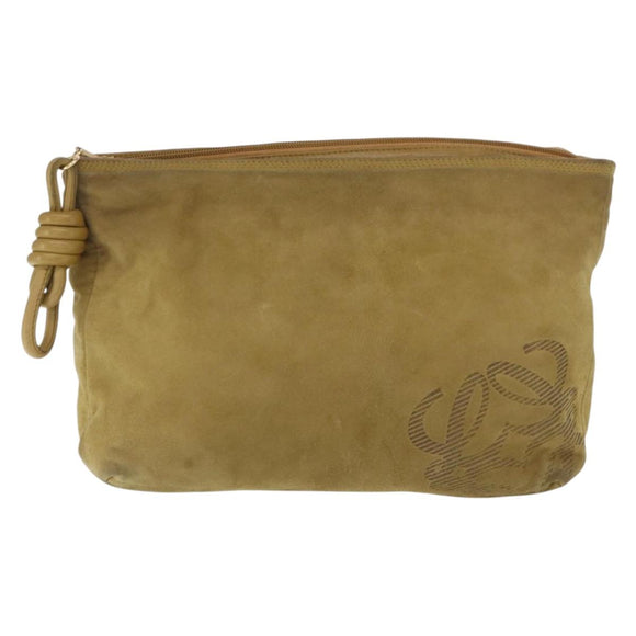 LOEWE Clutch Bag Suede Khaki Gold Auth BA10116
