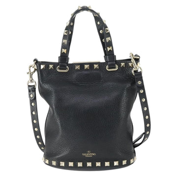 VALENTINO Hand Bag Leather 2way Black Gold Auth BA10121 - 0