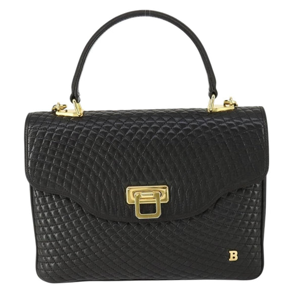 BALLY Hand Bag Leather 2way Black Gold Auth BA10122