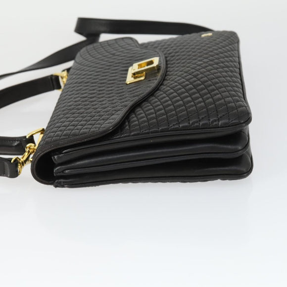 BALLY Hand Bag Leather 2way Black Gold Auth BA10122