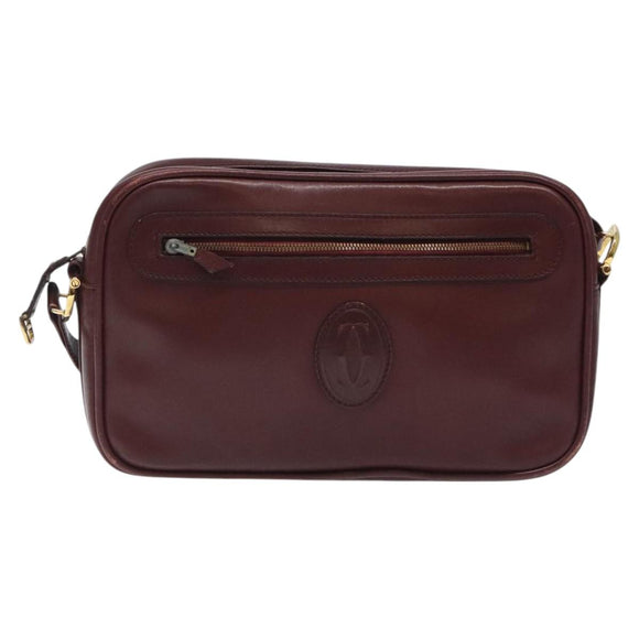 CARTIER Must Line Shoulder Bag Leather Wine Red Gold Auth BA1020