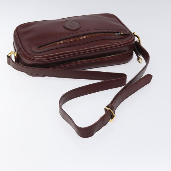 CARTIER Must Line Shoulder Bag Leather Wine Red Gold Auth BA1020