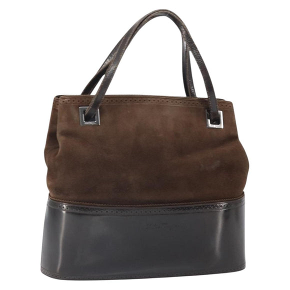 Salvatore Ferragamo Hand Bag Suede Brown Silver Auth BA10230