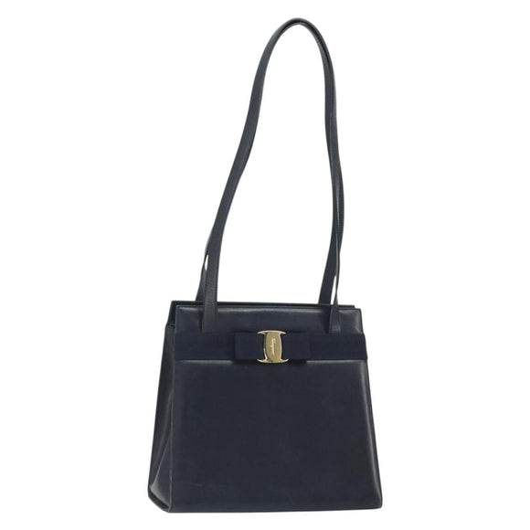 Salvatore Ferragamo Shoulder Bag Leather Navy Gold Auth BA10232
