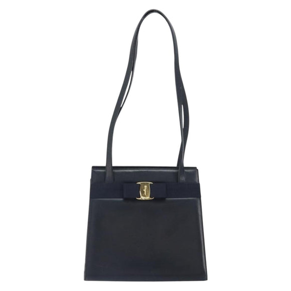 Salvatore Ferragamo Shoulder Bag Leather Navy Gold Auth BA10232