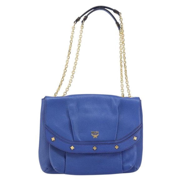 MCM Chain Shoulder Bag Leather Blue Gold Auth BA10236V