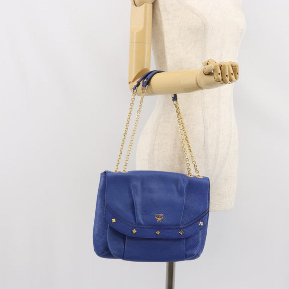 MCM Chain Shoulder Bag Leather Blue Gold Auth BA10236V