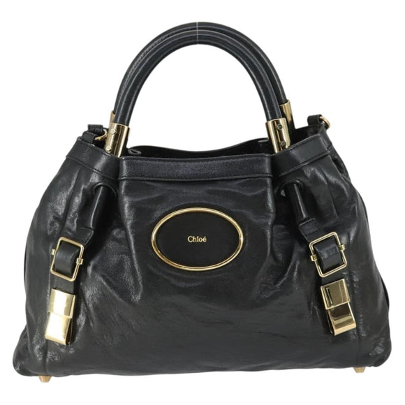 Chloe Victoria Hand Bag Leather 2way Black Gold Auth BA10246