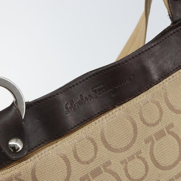 Salvatore Ferragamo Shoulder Bag Canvas Beige Silver Auth BA10248