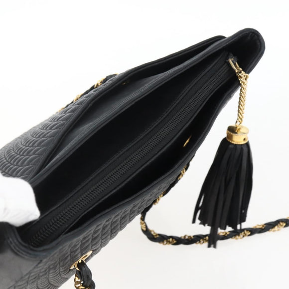 BALLY Chain Shoulder Bag Leather Gold Black Auth BA10264