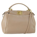 FENDI Peek A Boo Hand Bag Leather 2way Beige Gold Auth BA10271-1