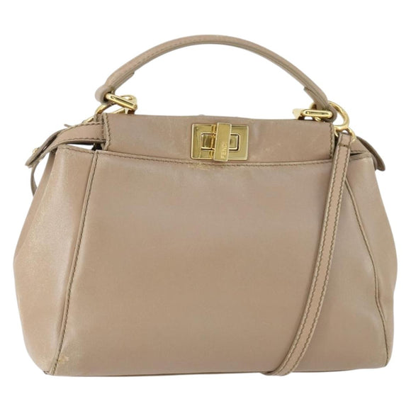 FENDI Peek A Boo Hand Bag Leather 2way Beige Gold Auth BA10271