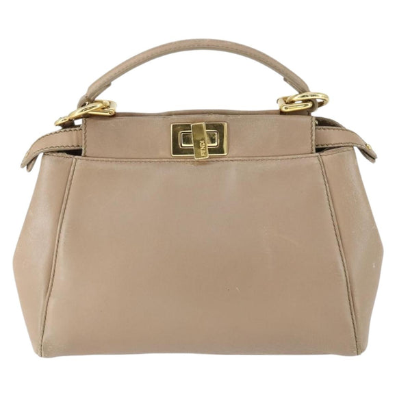 FENDI Peek A Boo Hand Bag Leather 2way Beige Gold Auth BA10271