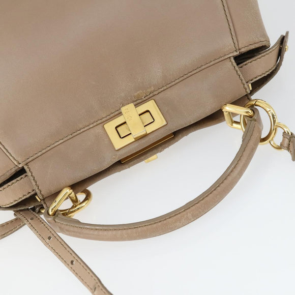 FENDI Peek A Boo Hand Bag Leather 2way Beige Gold Auth BA10271