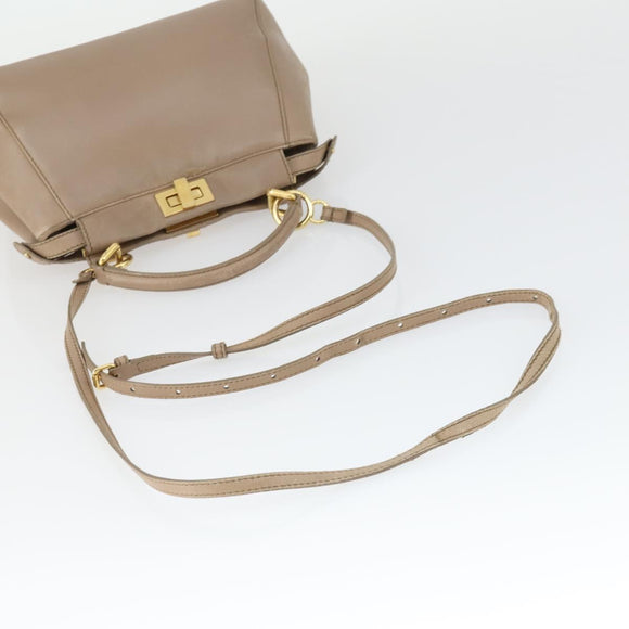 FENDI Peek A Boo Hand Bag Leather 2way Beige Gold Auth BA10271