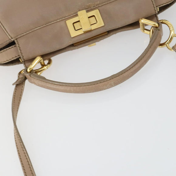 FENDI Peek A Boo Hand Bag Leather 2way Beige Gold Auth BA10271